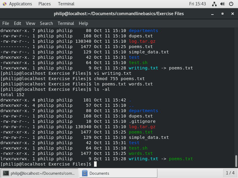 Figure 10 - a long directory listing after creating a hard link to poems.txt called words.txt